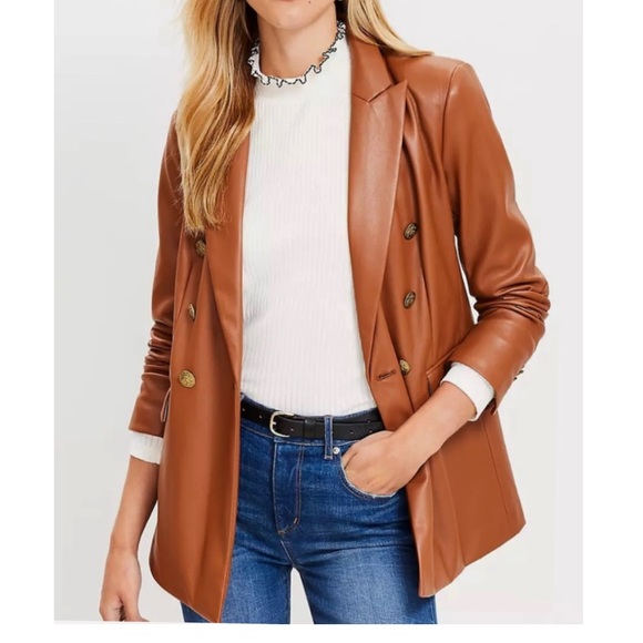 LOFT Faux Leather Double-Breasted Blazer Size: 10 in Pumpernickel - Picture 1 of 11